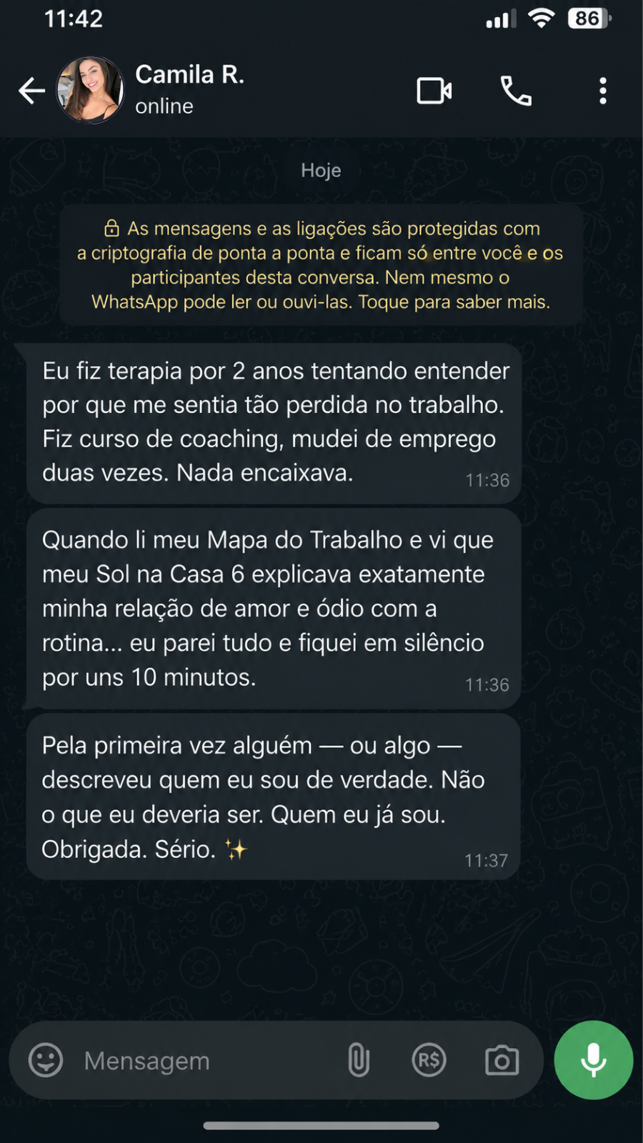 Conversa real de Camila R. no WhatsApp