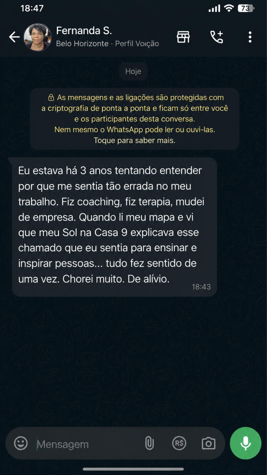 Depoimento real de Fernanda S. no WhatsApp