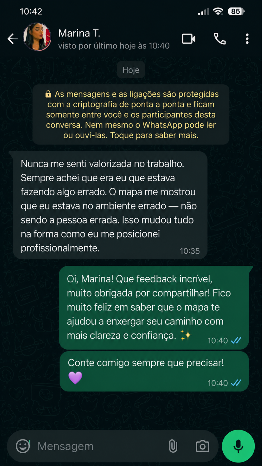 Depoimento real de Marina T. no WhatsApp